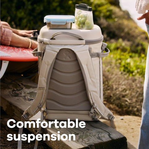 Carryout Cooler Backpack With All Day Cold Insulation And Portable Soft Build Trail And Park Friendly Features An Ergonomic Strap System 22 Liter Capacity In Shale Gray, showing ergonomic straps and storage.