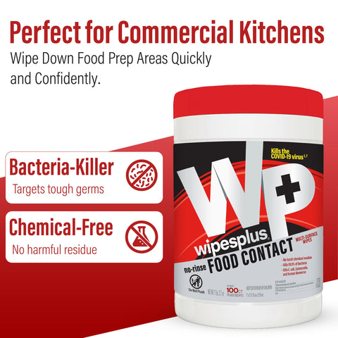 All Purpose Food Contact Cleaning Wipes No Rinse No Residue Quick Dry Grime Busting Disinfecting Wipes For Restaurants Foodservice And Schools 100 Count Canister Pack Of 12 EPA Registered NSF Listed Kills 99.9 Percent Bacteria product label
