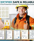 Nine Pack Automatic Fire Suppression Stickers For Electrical Outlets And Power Strips Self Adhesive Heat Activated Fire Protection Device With No Power Needed Easy Install Home Safety Gear shown with certificates and firefighter