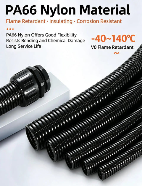 Heavy Duty Flexible Corrugated Conduit For Cable Protection Built From Pa66 Nylon Or Polyethylene, showcasing flexible tubing.