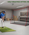 10x7 Ft Golf Practice Net For Backyard And Indoor Use Red Heavy Duty Net With Large Hitting Area Easy Setup Stable Stakes Perfect For Home Swing Practice And Indoor Outdoor Golf Training set up indoors with golfer practicing a swing