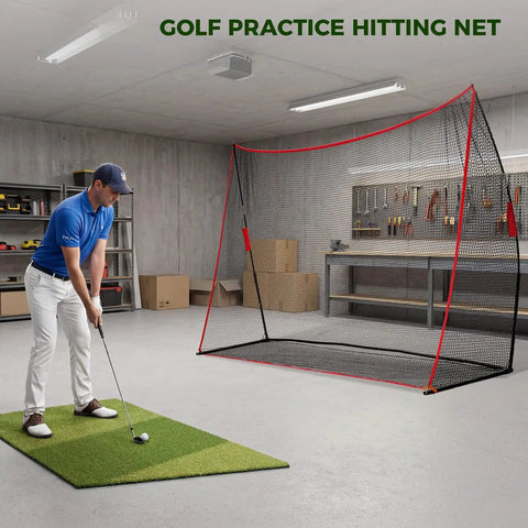 10x7 Ft Golf Practice Net For Backyard And Indoor Use Red Heavy Duty Net With Large Hitting Area Easy Setup Stable Stakes Perfect For Home Swing Practice And Indoor Outdoor Golf Training set up indoors with golfer practicing a swing