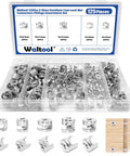 125 Piece Furniture Cam Lock Kit With Eccentric Wheel Connectors Hella Sturdy Cabinet Drawer Hardware Set showing zinc alloy cam nuts in storage case.