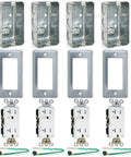 Complete Pack Of Four Metal Outlet Box Kits For Your Home Jobs Featuring 4x2 Inch Deep Handy Boxes Plus 20A duplex outlets