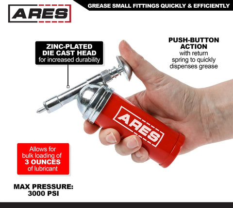 ARES 3-Ounce push-type mini grease gun with needle nozzle; red handle, zinc-plated die-cast head