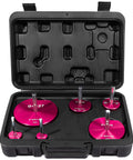 Six Piece Plastic Pipe Fitting Reamer Kit For Standard One Half Inch Drills With Carbide Cutting Inserts in a black case.