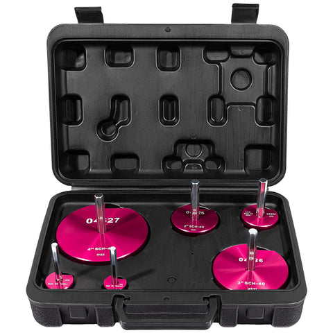 Six Piece Plastic Pipe Fitting Reamer Kit For Standard One Half Inch Drills With Carbide Cutting Inserts in a black case.
