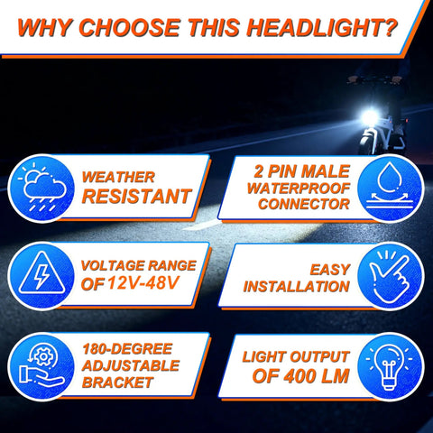 Ultra Bright Ebike Front Light With 4 LED 400 Lumens 24V 36V 48V Compatible Waterproof 2 Pin Connector Night Riding Ready Front Headlight For Mountain Road And City Commuting High Visibility Bike Safety Light