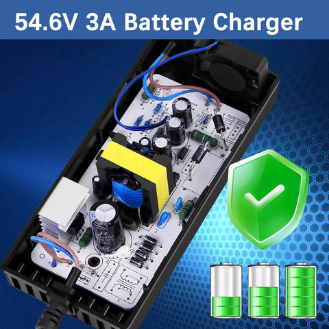 Fast 54.6V 3A Smart Charger For 48V Lithium Battery With DC 5.5mm Jack Connector 3 Prong Inline Connector And 3 Pin XLR Plug 120 VAC Input Overvoltage And Overcurrent Protection Short Circuit Protection Ideal For Electric Scooters