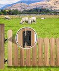 Heavy Duty Gate Hinges 2-Pack Steel Hinges With Electroplated Coating shown on wooden farm gate with sheep in background