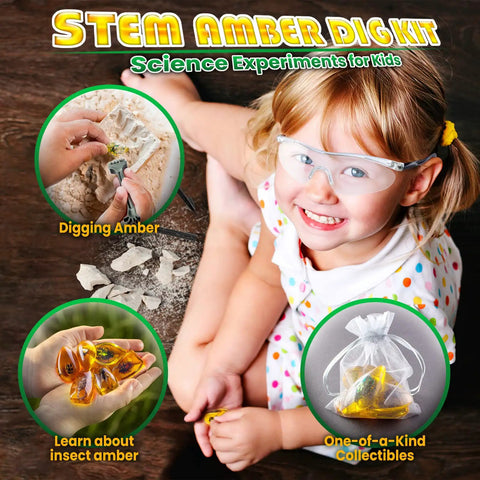 Child playing with Amber Dig Kit With Real Insects Encased In Resin Excavate Six Fossil Insects For STEM Geology And Biology Fun