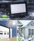 100W LED Flood Light Outdoor Waterproof Floodlight 10000 Lumens shown on building exteriors in rain and snow conditions
