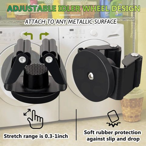 Heavy Duty Magnetic Mop And Broom Holder Rack with adjustable idler wheel design, attached to a white washing machine.
