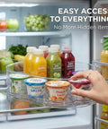 Hand accessing yogurt on Lazy Susan Fridge Organizer 360 Degree Turntable Clear Refrigerator Storage For Beverage Bottles Cans Condiments