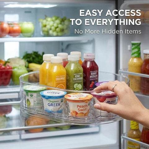 Hand accessing yogurt on Lazy Susan Fridge Organizer 360 Degree Turntable Clear Refrigerator Storage For Beverage Bottles Cans Condiments