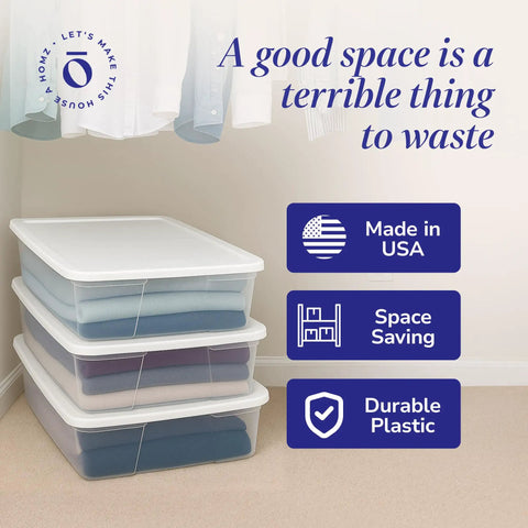 Stacked clear plastic bins with lids for bedroom storage with text about space saving and durability. 4 Pack SnapLock Clear Plastic Storage Bins With Lids 28-Quart Stackable Containers For Bedroom Bathroom Garage And Office Organization Ideal For Closet Shelves Pantries And Home Office Organization Solutions.