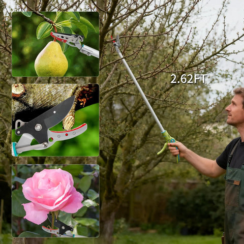 Man using 32 Inch Pole Pruner With Long Reach No Ladder Required For Safe Pruning One Hand Use Snip Grip Technology on tree
