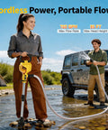 Cordless Stick Water Transfer Pump With 21V Battery And Fast Charger, 750 GPH Flow, 78 Inch Steel Reinforced Hose in use in nature
