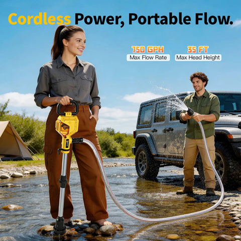 Cordless Stick Water Transfer Pump With 21V Battery And Fast Charger, 750 GPH Flow, 78 Inch Steel Reinforced Hose in use in nature