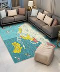 Living room with 5x7 World Map Rug For Living Room And Bedroom With Ocean Sailboat Design, Washable Low Pile Non Slip Carpet