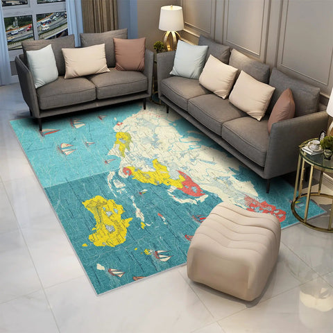 Living room with 5x7 World Map Rug For Living Room And Bedroom With Ocean Sailboat Design, Washable Low Pile Non Slip Carpet