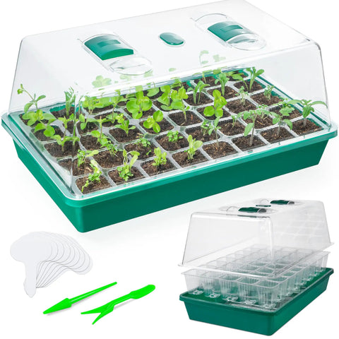 All In One Seed Starter Kit With 40 Cell Tray And Tall Humidity Dome Base Dibber Garden Scoop And Plant Tags for seed germination