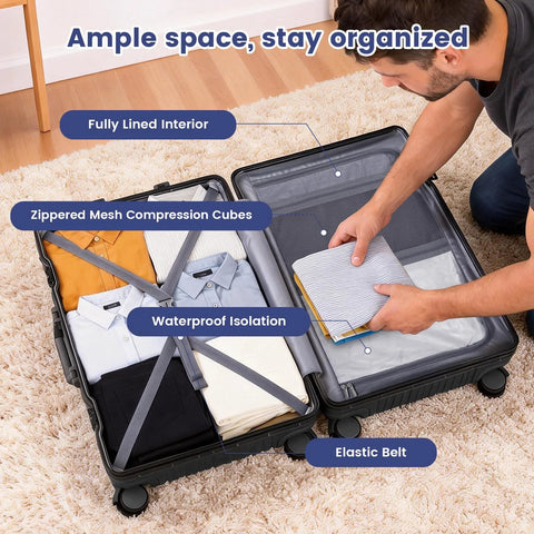 Open 20-inch black hard-shell carry-on luggage with spinner wheels; fully lined interior and clothes inside.