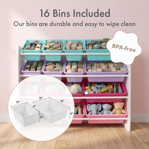 4 Tier Toy Storage Organizer With 16 Removable Bins For Kids Playroom Durable Engineered Wood Frame With Steel Dowels So Easy Cleanup