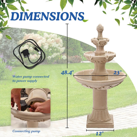 Three Tier Outdoor Water Fountain Cascade For Patio And Yard, Large Floor Standing Resin Bubbler With Pump, 48 Inch Tall Water Feature