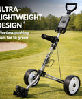 Ultra Lightweight Two Wheel Golf Push Cart Featuring A Smooth Glide Frame And Quick Compact Fold Setup For Zero Sweat Walking Every Single Hole On The Course on the golf course.