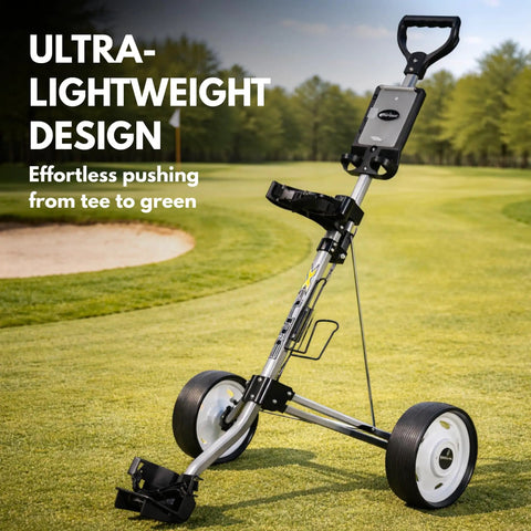 Ultra Lightweight Two Wheel Golf Push Cart Featuring A Smooth Glide Frame And Quick Compact Fold Setup For Zero Sweat Walking Every Single Hole On The Course on the golf course.