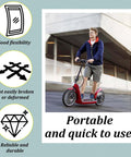 Man riding red electric scooter; Portable and quick to use; Good flexibility, durable; Coaxial 2 Wire Charging Port For Electric Scooters