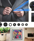 Collage showing Mini Camera 1080P HD Portable with accessories, discreetly monitoring various indoor locations