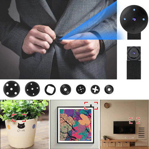 Collage showing Mini Camera 1080P HD Portable with accessories, discreetly monitoring various indoor locations