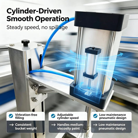 Cylinder-driven smooth operation of Heavy Duty Semi Automatic Paint Filler And Bucket Capper with stainless steel build.