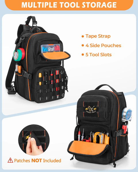 Heavy Duty Hvac Tool Bag And Electrician Chest Pouch With Heavily Reinforced Stitching And Compact Polyester Frame For Snug Cabinet Fits And Badass Job Site Carry Gear, showcasing multiple tool storage, 5 slots, and 4 pouches.