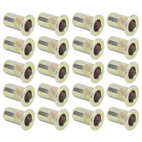 Professional Grade Durable Zinc Coated Rivet Nut Kit With 100 Count M4 Threaded Inserts, zinc-coated nutserts displayed in rows.