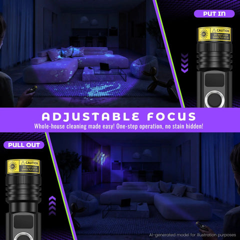 Ultra Bright 395nm UV Flashlight With LCD Display And USB C Rechargeable 10W in use, illuminating hidden stains in a dark room
