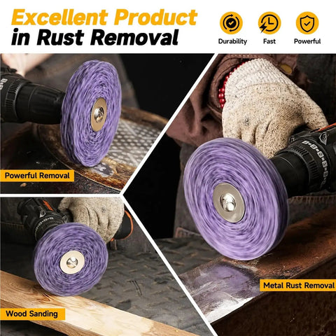 Heavy Duty 4 Pc Abrasive Strip Disc Wheels For Angle Grinder in use for wood sanding and metal rust removal.