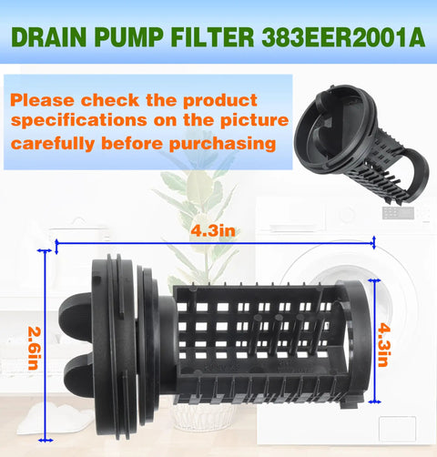 Washer Drain Pump Filter Assembly For LG Kenmore Washers Replacement AP4440367 383EER2001A 383EER2001F PS3522306 4.3in