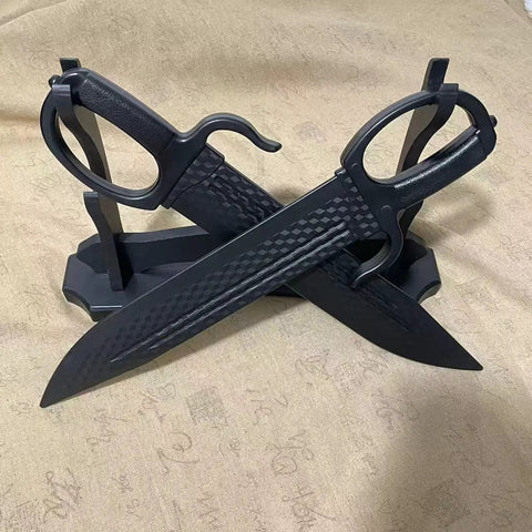 18 Inch Plastic Butterfly Swords Set Of 2 For Martial Arts Training Black Practice Blades displayed on a beige background