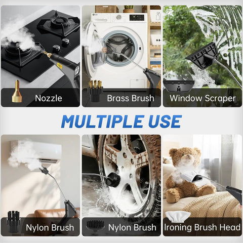 Multiple uses of Powerful 1500W High Pressure Steam Cleaner With 6 Adjustable Levels shown on various household items.