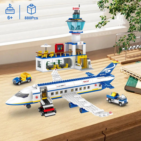 880 Piece City Airport Terminal Building Set with airplane, shuttle bus, luggage cart, terminal, and control tower.