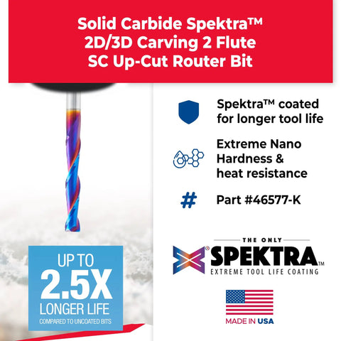Heavy Duty Up Cut Solid Carbide Spiral Router Bit For 2D And 3D Carving, 3 Inch Length, 1/4 Inch Shank, Flat Bottom, 2 Flute, 0.10 Degree Angle, Spektra Coated CNC Bit Made In USA For Acrylic Plastic And Composite displayed with Spektra coating details and USA manufacturing badge