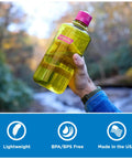 Person holding 32 Ounce Narrow Mouth Water Bottle BPA Free Durable Leak Proof Lightweight For Hiking Gym Travel Everyday Use