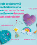 Beginner Sewing Kit With Nine Fun Projects For Kids Ages Seven And Up Includes Fabric Thread Stuffing Pouch Scrunchies Needle Book Pin Cushion Colorful Stuffed Toy And A Phone Case With Easy To Follow Instructions showing colorful stitched crafts