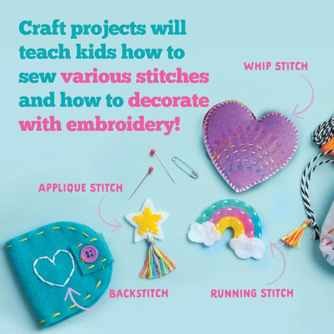 Beginner Sewing Kit With Nine Fun Projects For Kids Ages Seven And Up Includes Fabric Thread Stuffing Pouch Scrunchies Needle Book Pin Cushion Colorful Stuffed Toy And A Phone Case With Easy To Follow Instructions showing colorful stitched crafts