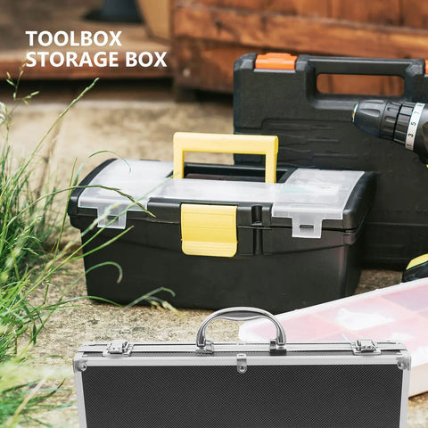 Durable Aluminum Tool Organizer Box With Secure Twist Latches Portable Travel Case Scratch Proof Exterior shown with other toolboxes.