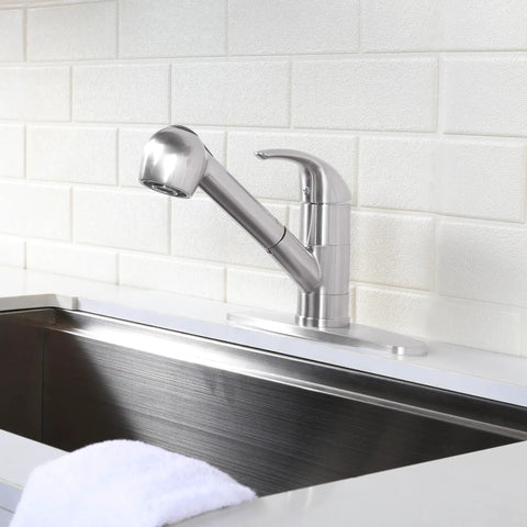 Brushed Nickel RV Kitchen Faucet with Pull-Out Sprayer and 360 Degree Swivel Single Lever One Hole Installation Stainless Steel Prep Sink Faucet for Small Kitchens.