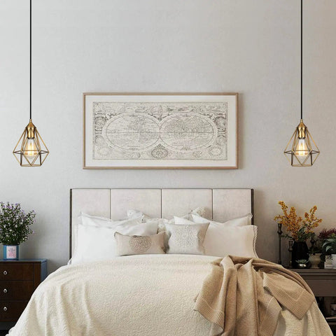 Bedroom setup with 2 Pack Plug In Pendant Lights Matte Gold Vintage Brass Cage Fixtures With 15 Ft Cord And On Off Switch, above bed